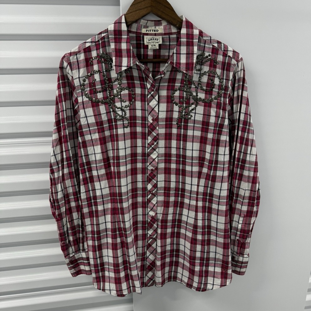 Ariat Womens XL Fitted Plaid Western Shirt Rhinestone Floral Pearl Snap Cowgirl
